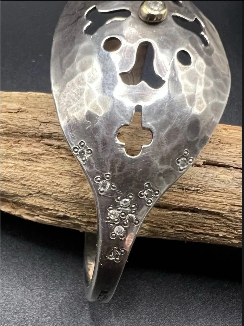Brandon Holschuh Sterling Silver & 14K Gold Hammered Spoon Cuff with Diamonds